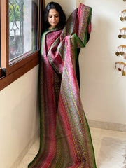 Green, Pink Handmade Kantha Dupatta in Silk