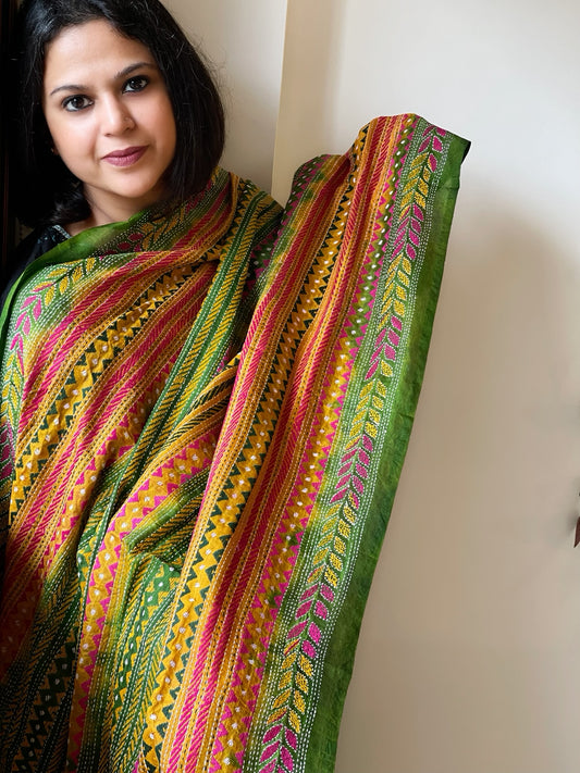 Green, Yellow Handmade Kantha Dupatta in Silk