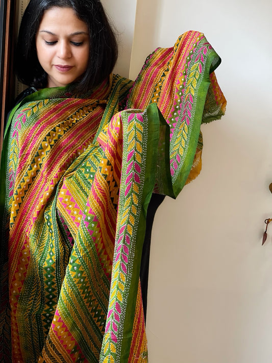 Green, Yellow Handmade Kantha Dupatta in Silk