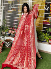 Red Handwoven Premium Zari Rai Bandhani Dupatta in Pure Georgette