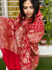 Red Handwoven Premium Zari Rai Bandhani Dupatta in Pure Georgette