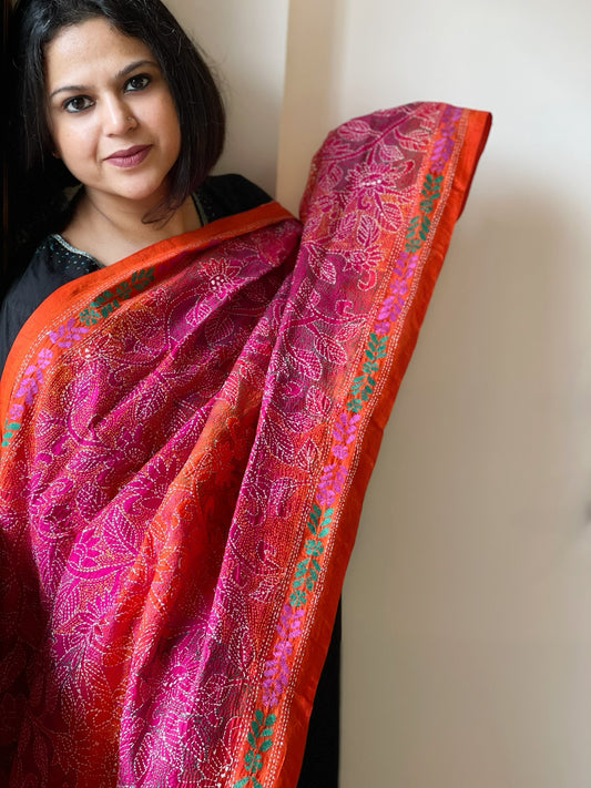 Orange, Pink Handmade Kantha Dupatta in Silk