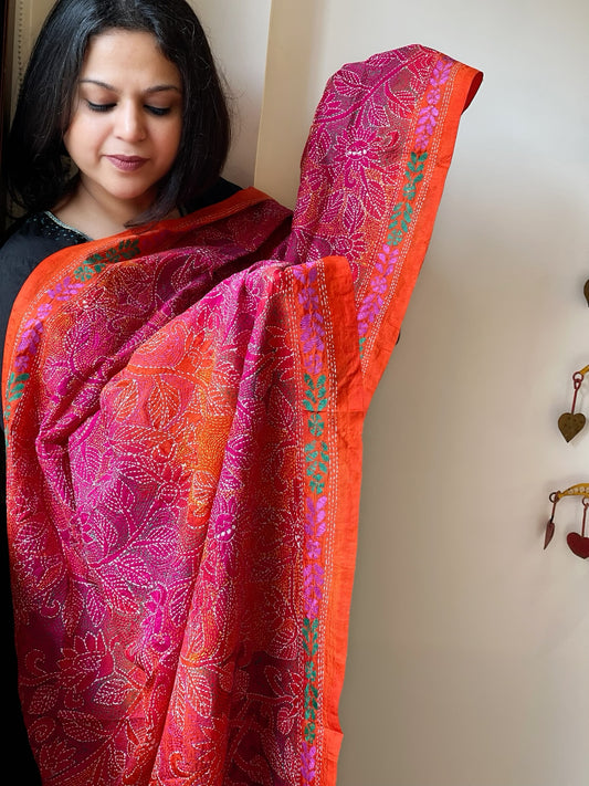 Orange, Pink Handmade Kantha Dupatta in Silk