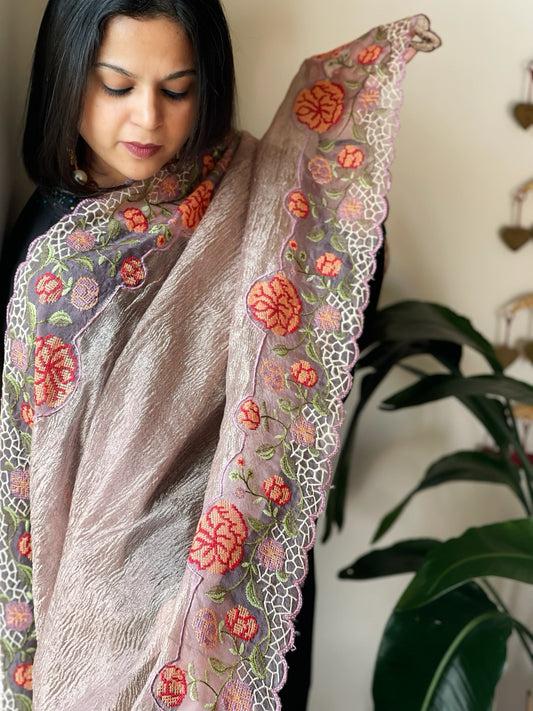 Pink Tissue Dupatta with Organza Cross-Stitch Embroidered Border