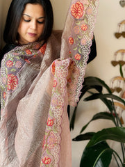 Pink Tissue Dupatta with Organza Cross-Stitch Embroidered Border