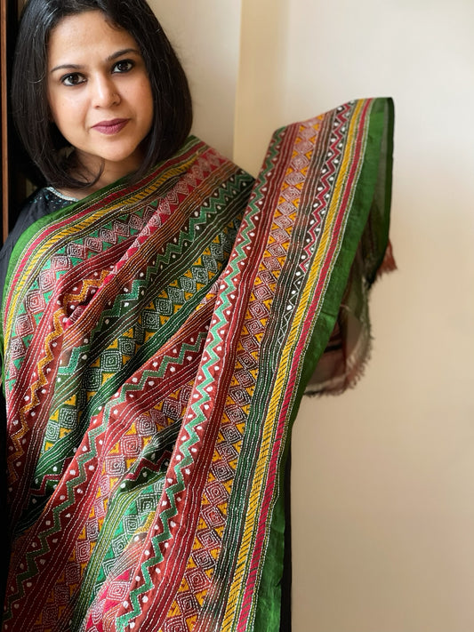 Red, Green Handmade Kantha Dupatta in Silk