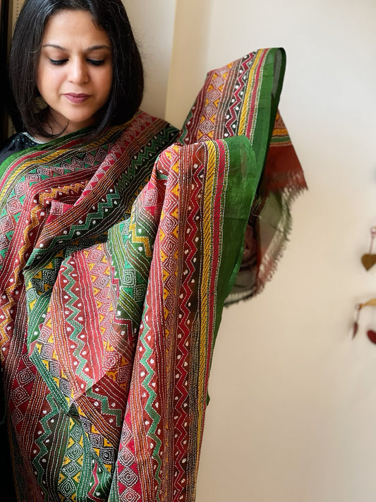 Red, Green Handmade Kantha Dupatta in Silk