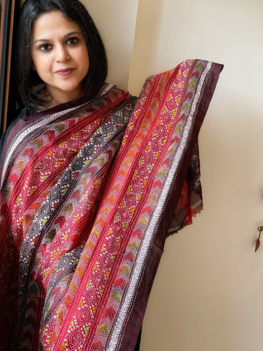 Maroon, Red Handmade Kantha Dupatta in Silk