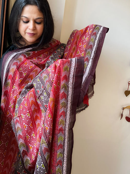 Maroon, Red Handmade Kantha Dupatta in Silk