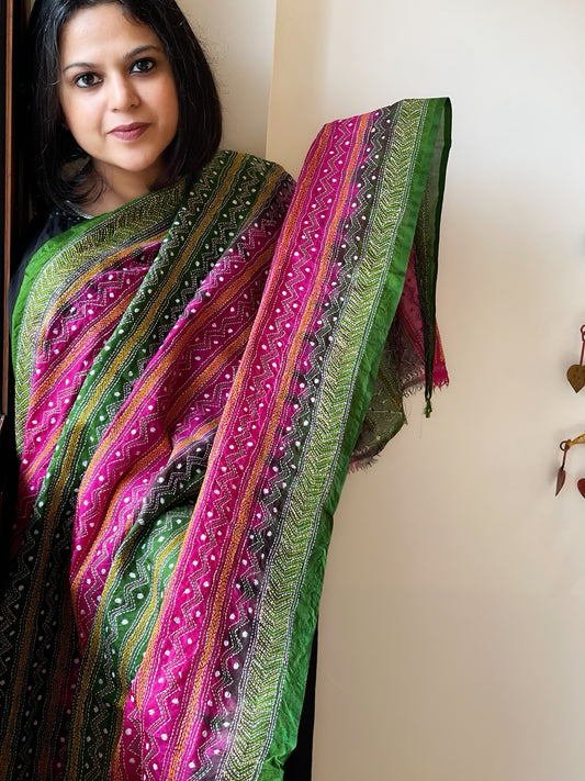 Green, Pink Handmade Kantha Dupatta in Silk