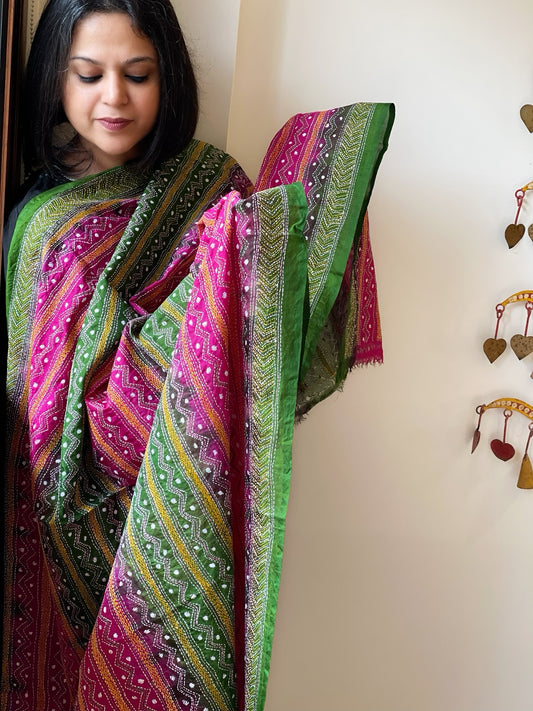 Green, Pink Handmade Kantha Dupatta in Silk