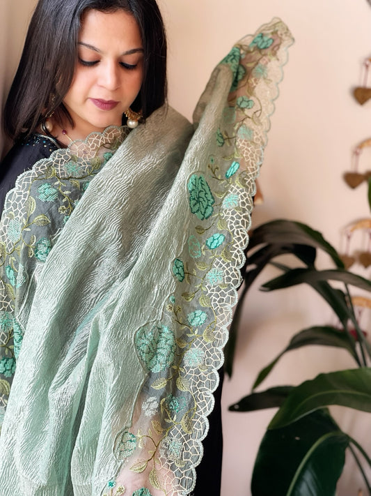 Aqua Green Tissue Dupatta with Organza Cross-Stitch Embroidered Border