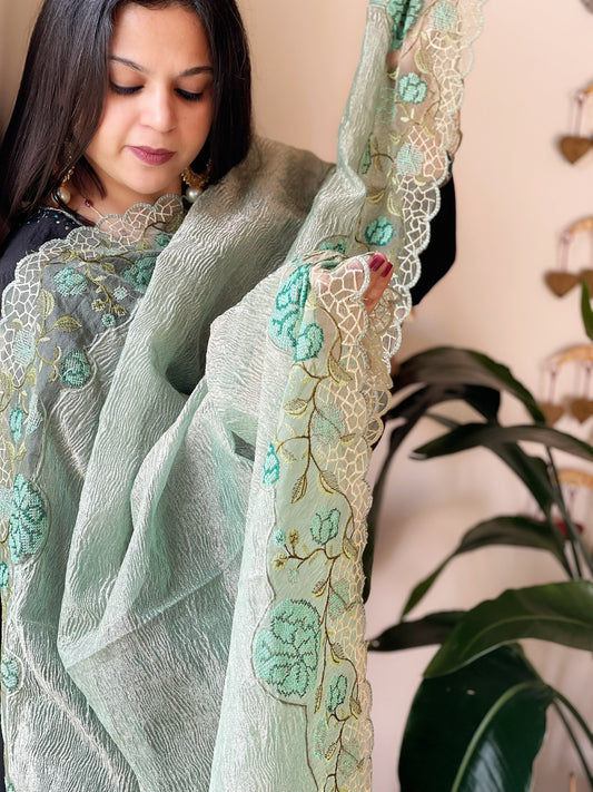 Aqua Green Tissue Dupatta with Organza Cross-Stitch Embroidered Border