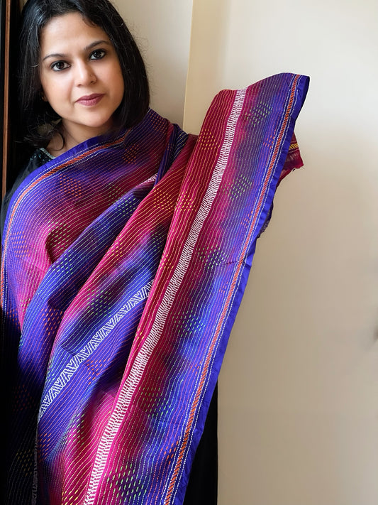 Pink, Purple Handmade Kantha Dupatta in Silk
