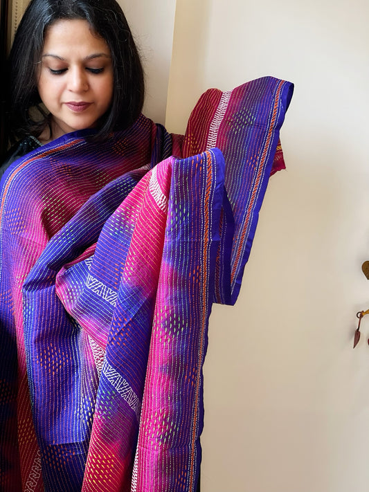 Pink, Purple Handmade Kantha Dupatta in Silk
