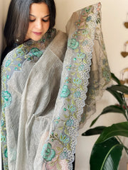 Bluish Grey Tissue Dupatta with Organza Cross-Stitch Embroidered Border