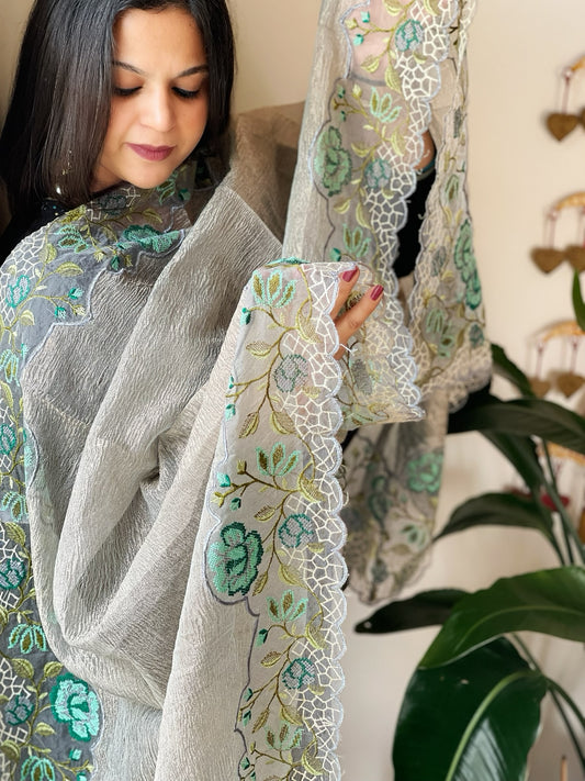 Bluish Grey Tissue Dupatta with Organza Cross-Stitch Embroidered Border