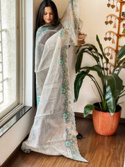 Bluish Grey Tissue Dupatta with Organza Cross-Stitch Embroidered Border