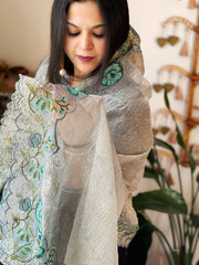 Bluish Grey Tissue Dupatta with Organza Cross-Stitch Embroidered Border