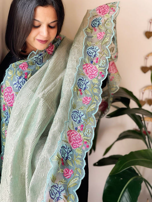 Aqua Blue Tissue Dupatta with Organza Cross-Stitch Embroidered Border