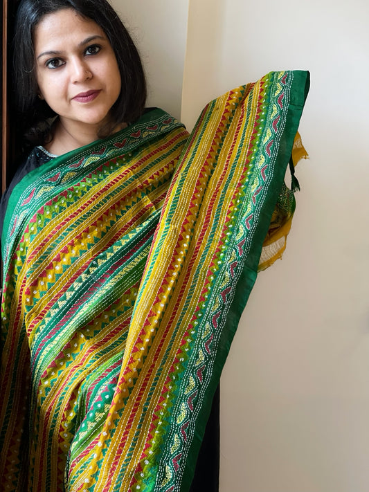 Green, Mustard Handmade Kantha Dupatta in Silk