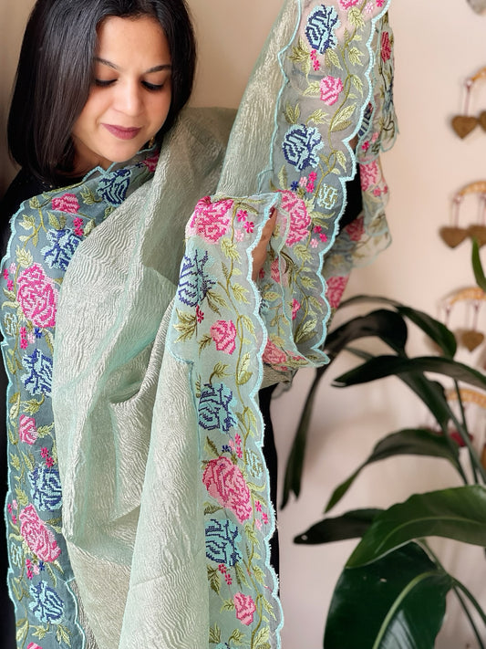 Aqua Blue Tissue Dupatta with Organza Cross-Stitch Embroidered Border