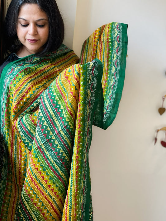 Green, Mustard Handmade Kantha Dupatta in Silk