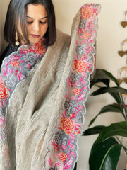 Grey Tissue Dupatta with Organza Cross-Stitch Embroidered Border