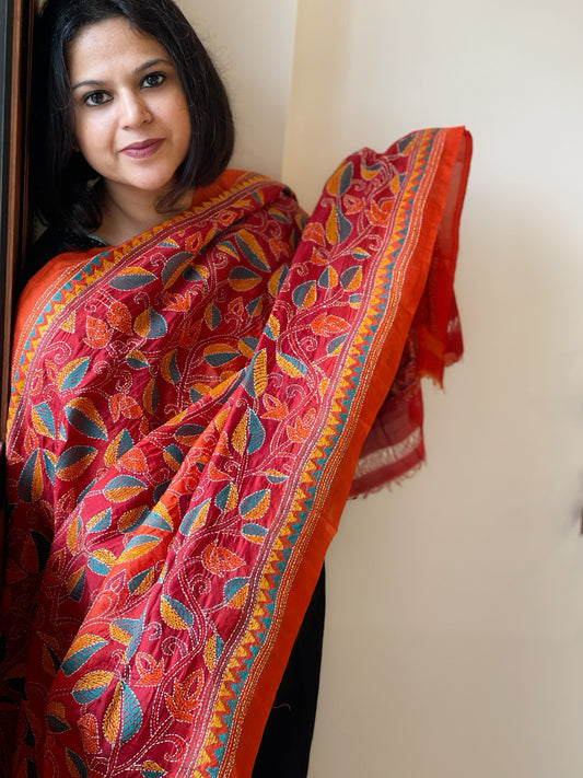 Orange, Red Handmade Kantha Dupatta in Silk