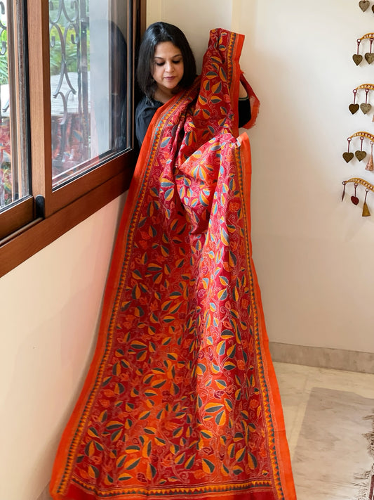 Orange, Red Handmade Kantha Dupatta in Silk