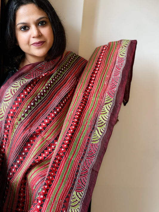 Red, Maroon Handmade Kantha Dupatta in Silk