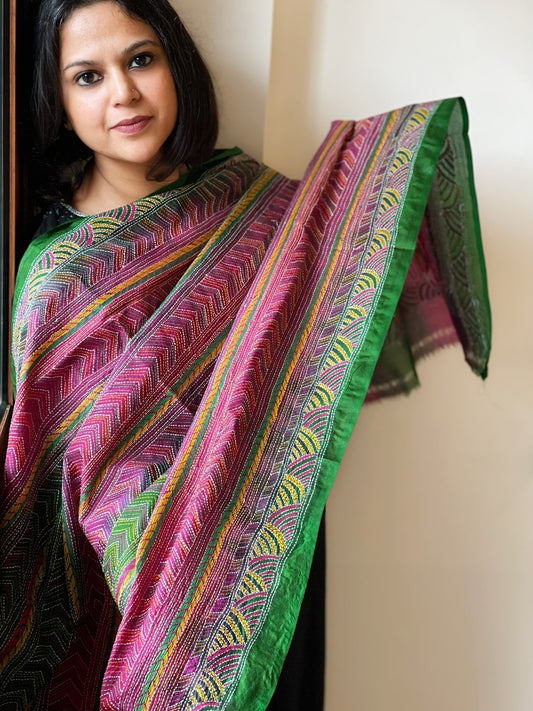 Green, Pink Handmade Kantha Dupatta in Silk