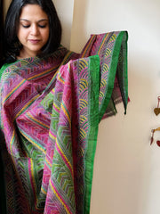 Green, Pink Handmade Kantha Dupatta in Silk