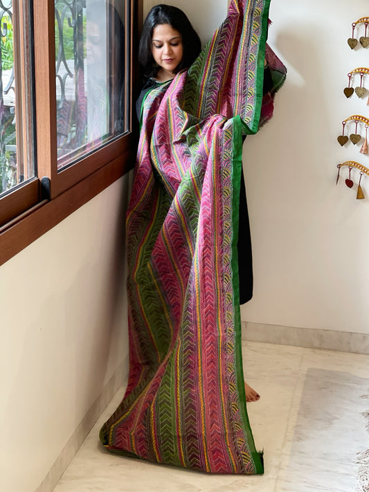 Green, Pink Handmade Kantha Dupatta in Silk