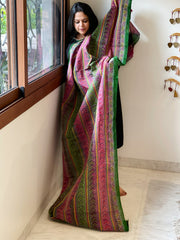 Green, Pink Handmade Kantha Dupatta in Silk