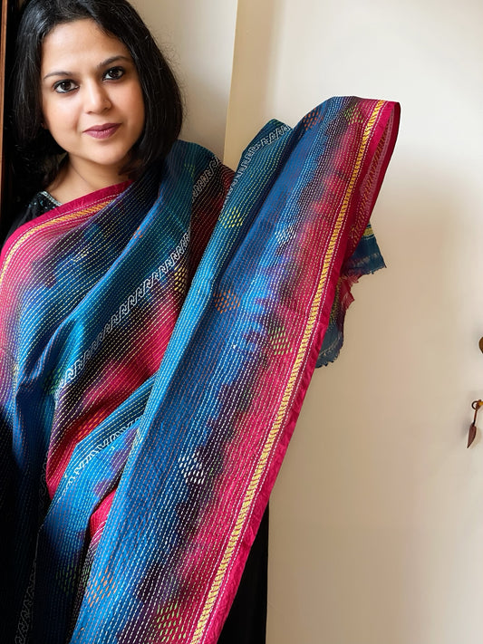 Green, Blue Handmade Kantha Dupatta in Silk