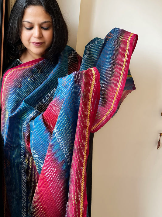 Green, Blue Handmade Kantha Dupatta in Silk