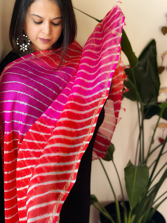 Pink, Orange Kota Silk Leheriya Dupatta