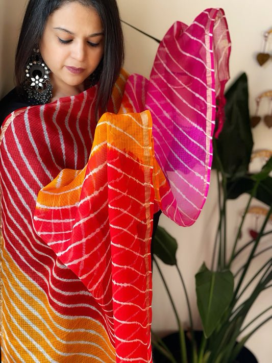 Pink, Orange, Yellow, Red Kota Silk Leheriya Dupatta