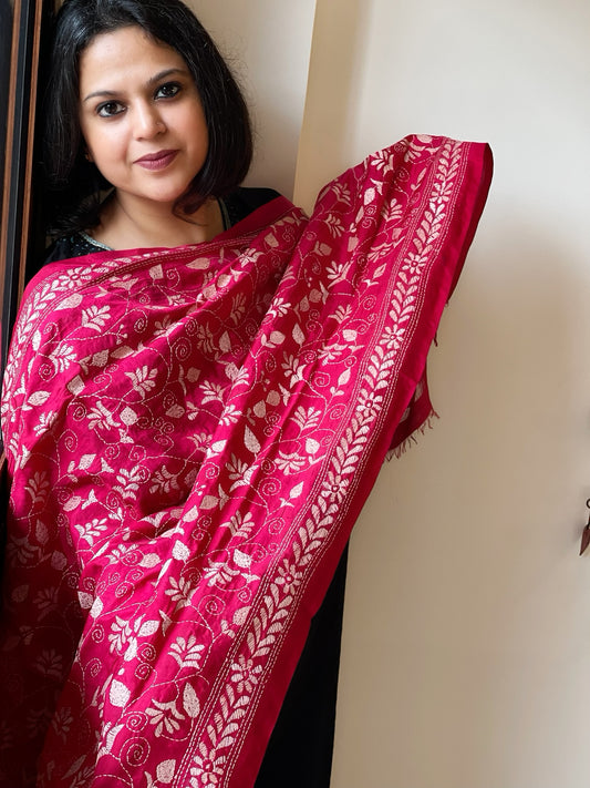 Pink Handmade Kantha Dupatta in Silk