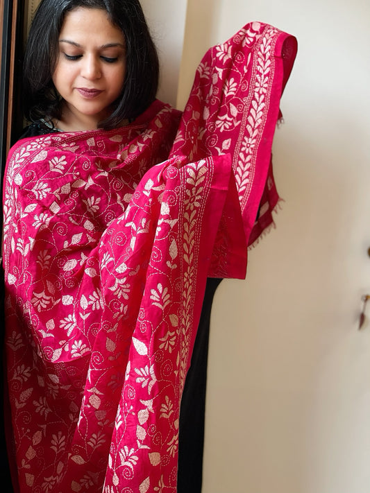 Pink Handmade Kantha Dupatta in Silk
