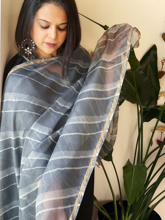 Grey Kota Silk Leheriya Dupatta