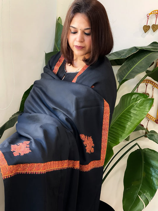 Black Woven Pashmina Shawl with Thread Embroidery