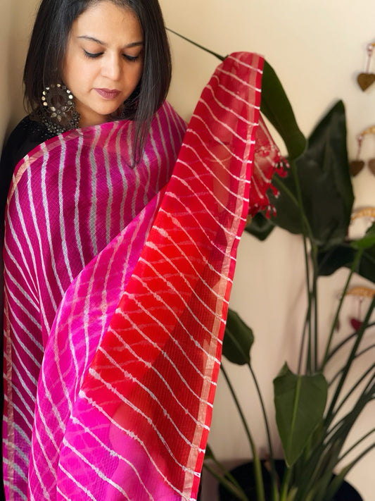 Pink, Orange Kota Silk Leheriya Dupatta