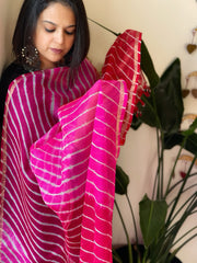 Pink, Orange Kota Silk Leheriya Dupatta