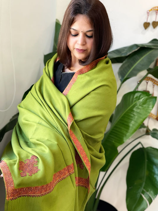 Leaf Green Woven Pashmina Shawl with Thread Embroidery