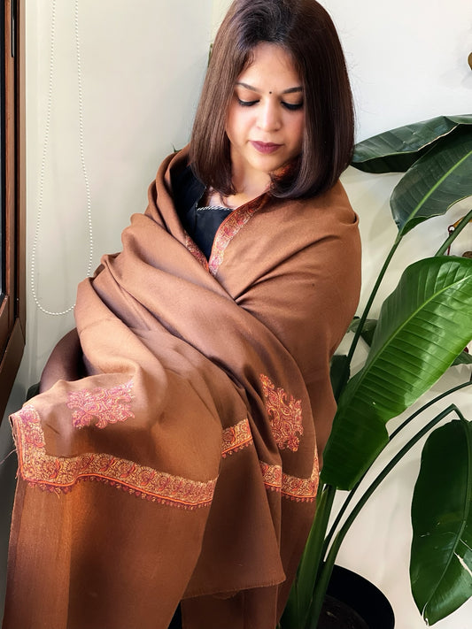 Chocolate Brown Woven Pashmina Shawl with Thread Embroidery