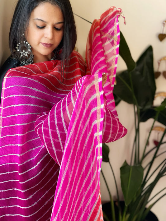 Pink, Orange Kota Silk Leheriya Dupatta