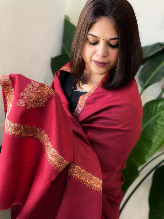 Maroon Woven Pashmina Shawl with Thread Embroidery