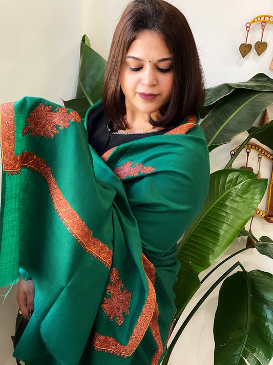 Green Woven Pashmina Shawl with Thread Embroidery